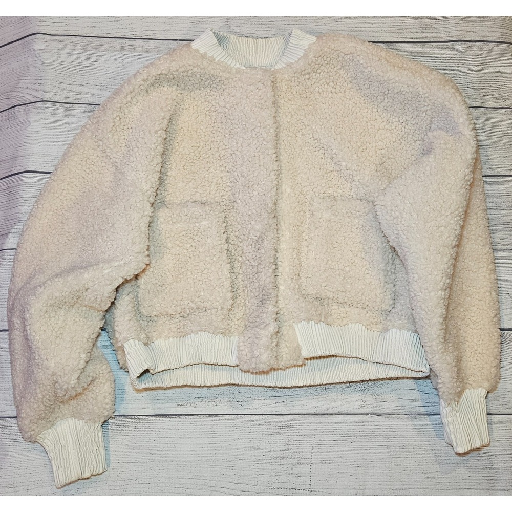 Sage The Label‎ Sherpa Jacket Womens Small Cream Fleece Ribbed Trim Cozy Top